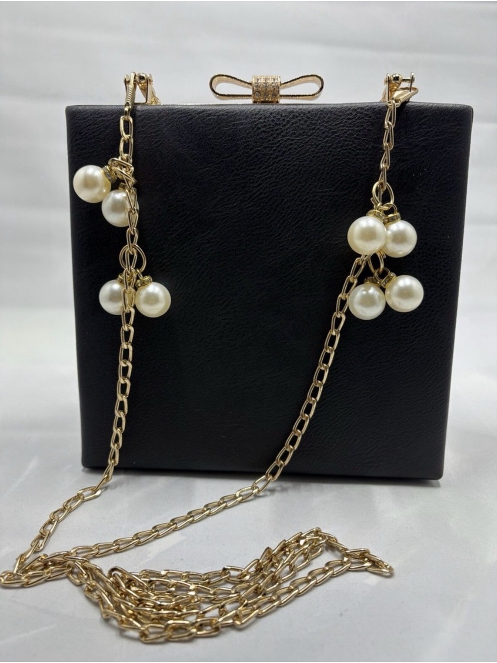 Black Box Clutch with Gold Chain and Pearl Charms